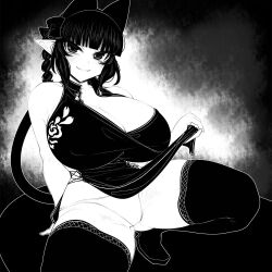 Rule 34 | 1girl, alternate costume, animal ears, blunt bangs, bow, braid, breasts, cat ears, cat girl, cat tail, china dress, chinese clothes, cleavage, closed mouth, clothes lift, collarbone, commentary request, curvy, dress, extra ears, greyscale, hair bow, haseru (ginku mh), huge breasts, kaenbyou rin, lifted by self, looking at viewer, monochrome, multiple tails, nekomata, panties, pointy ears, side braid, sidelocks, smile, solo, squatting, tail, thighhighs, touhou, two tails, underwear
