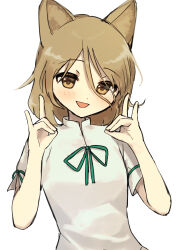Rule 34 | 144udy, 1girl, :d, absurdres, animal ears, blush, brown eyes, double fox shadow puppet, flat chest, fox ears, fox shadow puppet, green ribbon, hair between eyes, hands up, highres, kudamaki tsukasa, light brown hair, looking at viewer, medium hair, open mouth, ribbon, short sleeves, simple background, smile, solo, touhou, white background, white romper