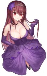 Rule 34 | 1girl, absurdres, breasts, choker, cleavage, collarbone, dress, elbow gloves, fate/grand order, fate (series), flower, from above, gloves, hair flower, hair intakes, hair ornament, hand in own hair, highres, hoshibudou, large breasts, long hair, looking at viewer, parted lips, purple dress, purple flower, purple hair, purple rose, red eyes, rose, scathach (fate), scathach (formal dress) (fate), simple background, tiara