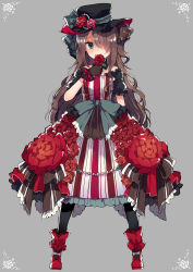 Rule 34 | 1girl, absurdres, aqua eyes, arm at side, bad id, bad pixiv id, bare shoulders, black pantyhose, boots, bow, brown hair, commentary request, covered mouth, detached collar, dress, flower, flower over mouth, frilled dress, frills, full body, gloves, grey background, hair over one eye, hair ribbon, hat, hat flower, hat ribbon, highres, holding, holding flower, ikeuchi tanuma, legs apart, lolita fashion, long hair, looking at viewer, off-shoulder dress, off shoulder, original, pantyhose, red flower, red footwear, red rose, ribbon, rose, short sleeves, simple background, solo, standing, striped clothes, striped dress, vertical-striped clothes, vertical-striped dress