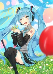 Rule 34 | absurdres, aqua eyes, aqua hair, aqua nails, aqua necktie, bad id, bad pixiv id, balloon, bare shoulders, black skirt, black sleeves, black thighhighs, blurry, blurry background, blurry foreground, commentary, copyright name, day, depth of field, detached sleeves, feet out of frame, field, flower, glowing, glowing petals, grey shirt, hair ornament, hands up, hatsune miku, headphones, headset, highres, holding, holding flower, kusunokimizuha, lens flare, long hair, looking at viewer, nail polish, necktie, open mouth, outdoors, petals, shirt, shoulder tattoo, sitting, skirt, sleeveless, sleeveless shirt, smile, solo, tattoo, thighhighs, twintails, very long hair, vocaloid, zettai ryouiki