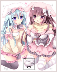Rule 34 | 1girl, :d, animal ears, animal hat, bare shoulders, black thighhighs, blue hair, blush, border, bow, braid, breasts, brown dress, brown hair, brown scarf, cleavage, closed mouth, commentary request, dress, fake animal ears, feet out of frame, frilled skirt, frilled thighhighs, frills, grey border, hair between eyes, hair bow, hair ornament, hand up, hat, heart, kirishima riona, kneeling, long hair, long sleeves, medium breasts, off-shoulder dress, off shoulder, open mouth, original, pink bow, pink hat, pink skirt, pleated skirt, purple eyes, rabbit ears, rabbit hair ornament, rabbit hat, red eyes, scarf, shirt, skirt, sleeves past wrists, smile, solo, sparkle, striped bow, striped clothes, striped thighhighs, thighhighs, underbust, very long hair, white bow, white hat, white shirt
