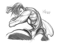Rule 34 | 1boy, bad id, bad twitter id, character name, chinese clothes, fighting stance, graphite (medium), greyscale, hair over one eye, male focus, monochrome, muscular, sketch, sleeveless, solo, spiked hair, street fighter, street fighter iii (series), traditional media, yang lee, yoshihara motoki