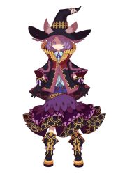 Rule 34 | 1girl, animal ears, boots, dress, ears through headwear, gloves, hat, highres, kansou samehada, looking at viewer, original, purple eyes, purple hair, shirt, short hair, simple background, smile, solo, standing, white background, witch, witch hat