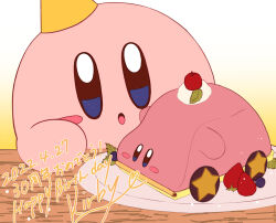 Rule 34 | 2elu2, absurdres, blueberry, blush stickers, bright pupils, character name, cherry, dated, food, fruit, gradient background, hat, highres, kirby, kirby (series), kirby and the forgotten land, nintendo, no humans, open mouth, party hat, plate, solo, strawberry, table, translation request, whipped cream, white pupils