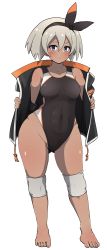 Rule 34 | 1girl, absurdres, asyura kumo, barefoot, bea (pokemon), black hairband, blush, bow hairband, breasts, competition swimsuit, covered navel, creatures (company), dark-skinned female, dark skin, game freak, grey eyes, grey hair, hair between eyes, hairband, highres, medium breasts, nintendo, one-piece swimsuit, pokemon, pokemon swsh, short hair, solo, swimsuit, swimsuit under clothes, thick thighs, thighs, wide hips