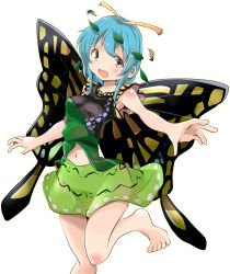 Rule 34 | 1girl, absurdres, bare shoulders, barefoot, blue hair, butterfly wings, clothing cutout, dress, eternity larva, green dress, hidden star in four seasons, highres, insect wings, leaf, leaf on head, looking at viewer, mukuroi, navel, navel cutout, purple eyes, short hair, simple background, sleeveless, sleeveless dress, solo, toes, touhou, white background, wings