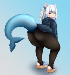 Rule 34 | 1girl, absurdres, animal ears, ass, ass shake, blue eyes, blue hair, blue hoodie, blunt bangs, blush, cat ears, fins, fish tail, gawr gura, highres, hololive, hololive english, holomyth, hood, hoodie, huge ass, hybrid, long hair, long sleeves, looking at viewer, looking back, multicolored hair, open mouth, pantyhose, ponytail, sandals, shark girl, shark tail, sharp teeth, simple background, smile, smug, socksart, solo, squatting, tail, teeth, thick thighs, thighs, twerking, virtual youtuber, white hair
