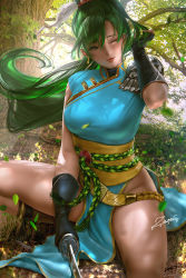Rule 34 | 1girl, armor, backlighting, belt, blue dress, boots, breasts, dress, earrings, elbow gloves, fingerless gloves, fire emblem, fire emblem: the blazing blade, gloves, green eyes, green hair, hand in own hair, high ponytail, jewelry, katana, knee boots, large breasts, leaf, long hair, lyn (fire emblem), nintendo, one eye closed, pauldrons, pelvic curtain, ponytail, rope, sash, short sleeves, shoulder armor, signature, single pauldron, solo, squatting, sunlight, sword, thighs, tree, very long hair, weapon, zumi (zumidraws)