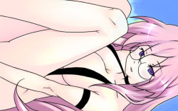 Rule 34 | 00s, 1girl, bad id, bad pixiv id, blue eyes, breasts, cleavage, glasses, large breasts, long hair, lucky star, nattokuou, nude, pink hair, solo, takara miyuki