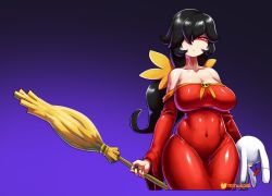 Rule 34 | 1girl, absurdres, alternate hairstyle, ashley (warioware), black hair, breasts, broom, cleavage, covered navel, female focus, hair over one eye, highres, holding, holding broom, holding stuffed toy, large breasts, long hair, minuspal, nintendo, aged up, red eyes, solo, stuffed animal, stuffed rabbit, stuffed toy, warioware, witch
