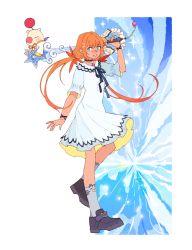 Rule 34 | 1girl, bad id, bad tumblr id, blue eyes, boybun, choker, dress, highres, jewelry, keyblade, kingdom hearts, long hair, looking at viewer, necklace, red hair, shoes, simple background, smile, socks, solo, strelitzia (kingdom hearts), white dress