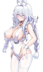 Rule 34 | 1girl, absurdres, aged up, alternate breast size, bare shoulders, blush, braid, breasts, highres, large breasts, le malin (azur lane), le malin (listless lapin) (azur lane), leotard, long hair, looking at viewer, official alternate costume, playboy bunny, simple background, solo, spider apple, thighs, twin braids, white background