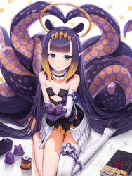 Rule 34 | 1girl, absurdres, blunt bangs, closed mouth, cryturtle, gloves, highres, hololive, hololive english, looking at viewer, mole, mole under eye, ninomae ina&#039;nis, orange hair, pointy ears, purple eyes, purple gloves, purple hair, single thighhigh, smile, solo, takodachi (ninomae ina&#039;nis), tentacle hair, tentacles, thighhighs, virtual youtuber, white thighhighs