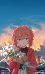 Rule 34 | 1girl, absurdres, black sweater, blue sky, bouquet, closed mouth, cloud, cloudy sky, flower, green eyes, haibara ai, highres, holding, holding bouquet, jacket, long sleeves, looking at viewer, meitantei conan, outdoors, red jacket, short hair, skirt, sky, smile, solo, sweater, turtleneck, turtleneck sweater, upper body, white flower, white paper is not paper, white skirt