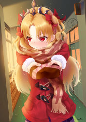 Rule 34 | 1girl, absurdres, bad id, bad pixiv id, blonde hair, blush, bow, chocolate, coat, duffel coat, embarrassed, ereshkigal (fate), eyebrows, fate/grand order, fate (series), female focus, fingernails, hair bow, highres, indoors, long hair, long sleeves, open mouth, outstretched arms, parted bangs, red bow, red coat, red eyes, scarf, signature, skirt, solo, speech bubble, sunlight, tiara, user saxg4433, valentine, window