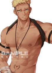Rule 34 | 1boy, abs, armlet, bara, bare pectorals, black tank top, clothes lift, commission, dog tags, eyebrow piercing, facial hair, facial scar, goatee, groin, implied masturbation, jewelry, large pectorals, looking at viewer, male focus, male pubic hair, mature male, muscular, muscular male, naked shirt, navel, navel hair, necklace, nipples, original, out-of-frame censoring, pectorals, piercing, pubic hair, pubic hair peek, sample watermark, scar, scar on cheek, scar on face, shirt, shirt behind neck, shirt lift, short hair, sideburns, sokimi (sosojovan), solo, stomach, stomach tattoo, stubble, tank top, tattoo, upper body, watermark