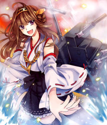 Rule 34 | 10s, 1girl, ahoge, bad id, bad pixiv id, black thighhighs, brown hair, detached sleeves, double bun, hair bun, headgear, japanese clothes, kantai collection, kongou (kancolle), long hair, machinery, nontraditional miko, open mouth, personification, satou iruno, skirt, solo, thighhighs, water