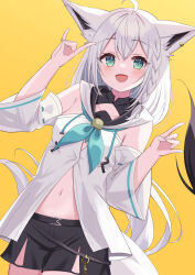 Rule 34 | 1girl, ahoge, animal ear fluff, animal ears, black shorts, blue neckerchief, blush, braid, breasts, commentary request, detached sleeves, double fox shadow puppet, earrings, fox ears, fox girl, fox shadow puppet, fox tail, green eyes, hair between eyes, highres, hololive, hood, hoodie, jewelry, kamachi (kamati0maru), long hair, looking at viewer, midriff, navel, neckerchief, open mouth, shirakami fubuki, shirakami fubuki (1st costume), short shorts, shorts, sidelocks, simple background, single braid, small breasts, smile, solo, tail, virtual youtuber, white hair, white hoodie, yellow background