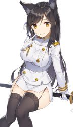 Rule 34 | 1girl, aiguillette, animal ears, atago (azur lane), azur lane, badge, black hair, black thighhighs, breasts, buttons, double-breasted, feet out of frame, garter straps, gloves, highres, invisible chair, knees together feet apart, large breasts, long hair, long sleeves, looking at viewer, md5 mismatch, military, miniskirt, mole, mole under eye, resolution mismatch, rikoma, sheath, sheathed, side slit, simple background, sitting, skirt, solo, source smaller, swept bangs, sword, tareme, thighhighs, very long hair, weapon, white background, white gloves, white skirt, yellow eyes