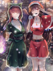 Rule 34 | 2girls, ;d, alternate costume, arm up, arms behind back, belt, bird wings, black hair, blurry, braid, breasts, buckle, building, capelet, carrying over shoulder, cat tail, choker, christmas, cleavage, closed eyes, commentary request, crop top, depth of field, dress, facing viewer, feathered wings, feet out of frame, fire, fur-trimmed dress, fur-trimmed hood, fur-trimmed skirt, fur trim, fur trimm, gloves, green dress, green gloves, green hood, hat, head tilt, hood, kaenbyou rin, lamppost, light smile, long hair, looking at viewer, medium breasts, midriff, multiple girls, multiple tails, navel, neck bell, neck ribbon, night, niradama (nira2ratama), one eye closed, open mouth, outdoors, partial commentary, purple fire, red choker, red hair, red skirt, reiuji utsuho, ribbon, sack, salute, santa hat, short hair, skirt, smile, snowing, standing, tail, touhou, twin braids, very long hair, wings