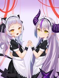 Rule 34 | &gt;:), animal ears, apron, arched bangs, black bow, black dress, black horns, bow, braid, braided bangs, cat ears, cat girl, cat tail, center frills, closed mouth, demon girl, demon horns, demon tail, dot keter, dress, fang, frills, from side, grey hair, hair between eyes, hair bow, highres, holding hands, hololive, horns, interlocked fingers, la+ darknesss, long hair, looking at viewer, maid headdress, multicolored hair, murasaki shion, open mouth, orange eyes, pleated dress, pointy ears, puffy short sleeves, puffy sleeves, purple hair, purple horns, raised eyebrow, short sleeves, slit pupils, smile, streaked hair, striped horns, tail, twintails, v-shaped eyebrows, very long hair, virtual youtuber, waist apron, yellow eyes