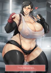 Rule 34 | 1girl, :q, bare shoulders, black hair, black shorts, black thighhighs, breasts, brown eyes, cleavage, crotchless, crotchless shorts, cum, cum in pussy, curvy, earrings, elbow gloves, excessive pubic hair, female focus, female pubic hair, fighting stance, final fantasy, final fantasy vii, fingerless gloves, gloves, heart, highres, huge breasts, jewelry, jujunaught, lactation, lactation through clothes, large areolae, long hair, mature female, nipples, no bra, no panties, parted bangs, plump, pubic hair, pussy juice drip, see-through, short shorts, shorts, sideboob, smile, solo, standing, suspenders, swept bangs, tank top, thick arms, thick thighs, thighhighs, thighs, tifa lockhart, tongue, tongue out, undersized clothes, white tank top