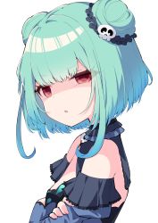 Rule 34 | 1girl, absurdres, blue dress, blunt bangs, breasts, crossed arms, detached sleeves, double bun, dress, empty eyes, from side, green hair, hair bun, hair ornament, hair scrunchie, highres, hololive, looking at viewer, red eyes, scrunchie, shaded face, short hair, simple background, skull hair ornament, small breasts, solo, triangle mouth, tsukimirin, upper body, uruha rushia, uruha rushia (1st costume), virtual youtuber, white background