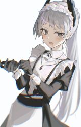 Rule 34 | 1girl, 2naom8q6gt87292, apron, arknights, black dress, black gloves, blurry, blurry background, blush, commentary, dress, earrings, embarrassed, feather hair ornament, feathers, gloves, grey eyes, grey hair, hair ornament, highres, irene (arknights), irene (voyage of feathers) (arknights), jewelry, long hair, long sleeves, looking at viewer, maid headdress, necklace, official alternate costume, open mouth, ponytail, puffy sleeves, scar, scar across eye, simple background, solo, sweat, white apron, white background
