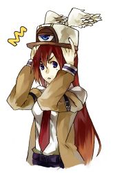 Rule 34 | 1girl, ^^^, arc system works, bad id, bad pixiv id, blazblue, blazblue: continuum shift, blue eyes, brown hair, cosplay, fujino sato, hat, head wings, highres, imai asami, lab coat, long hair, makise kurisu, necktie, shirt, simple background, solo, steins;gate, surprised, tsubaki yayoi, tsubaki yayoi (cosplay), voice actor connection, white background, wings