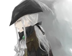 Rule 34 | 1girl, ascot, bloodborne, chain, from side, grey background, grey eyes, hair ribbon, hat, hat feather, helen (helen2210hk), highres, lady maria of the astral clocktower, long hair, looking at viewer, ponytail, ribbon, simple background, solo, the old hunters, tricorne, white hair