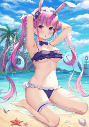 Rule 34 | 1girl, absurdres, animal ears, armpits, arms behind back, arms up, bad id, bad pixiv id, bare arms, bare shoulders, barefoot, beach, bikini, bow, bowtie, breasts, rabbit ears, cleavage, cloud, colored inner hair, day, detached collar, fake animal ears, frilled bikini, frills, groin, hair ornament, highres, hokori sakuni, hololive, large breasts, bridal garter, long hair, looking at viewer, minato aqua, multicolored hair, navel, outdoors, parted lips, purple bikini, purple eyes, purple hair, sand, seiza, shell, sitting, sky, solo, starfish, stomach, swimsuit, thighs, tree, twintails, two-tone hair, underboob, very long hair, virtual youtuber, water, x hair ornament