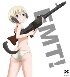 Rule 34 | 1girl, absurdres, ass, bare shoulders, black sports bra, blue eyes, blush, breasts, butt crack, dog tail, erica hartmann, grin, gun, highres, looking at viewer, panties, rifle, shiny skin, short hair, small breasts, smile, solo, sports bra, standing, strike witches, tail, underwear, weapon, white panties, world witches series
