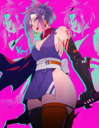 Rule 34 | 1girl, asymmetrical legwear, breasts, cleavage, cyberpunk (series), earrings, highres, holding, holding weapon, jewelry, koyorin, large breasts, looking at viewer, mechanical arms, mismatched legwear, pink eyes, purple hair, scarf, short hair with long locks, sideboob, solo, symbol-shaped pupils, thighhighs, tongue, tongue out, weapon