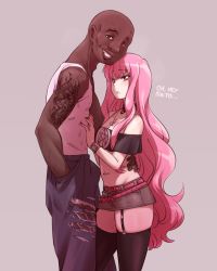 Rule 34 | 1boy, 1girl, bad id, bad pixiv id, bald, belt, blush, breasts, cheating (relationship), choker, cleavage, dark skin, dark-skinned male, english text, erection, expressionless, garter straps, highres, interracial, jewelry, karmaniac, long hair, looking at viewer, louise francoise le blanc de la valliere, midriff, miniskirt, navel, navel piercing, necklace, netorare, off-shoulder shirt, off shoulder, pants, piercing, pink hair, shirt, skirt, small breasts, smile, smirk, speech bubble, tattoo, thighhighs, torn clothes, torn pants, zero no tsukaima