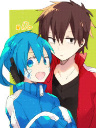 Rule 34 | 1boy, 1girl, averting eyes, black eyes, black shirt, blue eyes, blue hair, blue jacket, brown hair, collarbone, collared jacket, commentary, double-parted bangs, empty eyes, ene (kagerou project), facial mark, green background, hair between eyes, headphones, high collar, jacket, kagerou project, kisaragi shintarou, kyokutsuki, looking at viewer, looking to the side, no nose, no pupils, notice lines, open mouth, outside border, parted lips, popped collar, shirt, short hair, side-by-side, single stripe, smile, striped clothes, striped jacket, t-shirt, track jacket, twintails, two-tone background, upper body, v-neck, very long sleeves, white background, white stripes, zipper, zipper pull tab