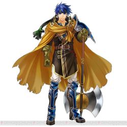 Rule 34 | 1boy, axe, battle axe, blue eyes, blue hair, cape, cosplay, fire emblem, fire emblem: path of radiance, fire emblem heroes, full body, gloves, greil, greil (cosplay), headband, ike (fire emblem), kita senri, looking at viewer, male focus, nintendo, official alternate costume, official art, short hair, simple background, solo, urvan, weapon, white background