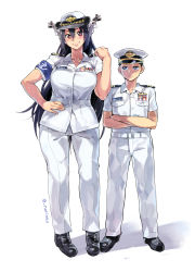 Rule 34 | 1boy, 1girl, admiral (kancolle), alternate costume, belt, black eyes, black hair, blush, brown eyes, commentary request, crossed arms, female service cap, hand on own hip, hat, height difference, highres, kantai collection, long hair, looking at another, military, military hat, military uniform, nagato (kancolle), naval uniform, norinco, peaked cap, simple background, smile, standing, twitter username, uniform, white background