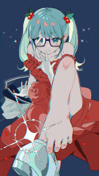 Rule 34 | 1girl, absurdres, aqua eyes, aqua hair, bare shoulders, barefoot, blush, cherry hair ornament, chromatic aberration, cinderella (vocaloid), clenched teeth, clothes, dress, feet, female focus, food-themed hair ornament, foot focus, holding with feet, foreshortening, frills, glasses, glove in mouth, gloves, hair ornament, hatsune miku, highres, looking at viewer, mouth hold, off-shoulder dress, off shoulder, omutatsu, red dress, school uniform, serafuku, shoes, unworn shoes, sidelocks, sitting, solo, teeth, twintails, vocaloid
