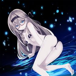 Rule 34 | 1girl, ass, blonde hair, blue eyes, blush, braid, covering crotch, covering privates, crotch rub, female masturbation, glasses, gretel (mary skelter), hair ornament, hairband, heart pasties, looking at viewer, mary skelter, masturbation, masturbation through clothes, nanameda kei, official art, panties, pasties, solo, topless, underwear