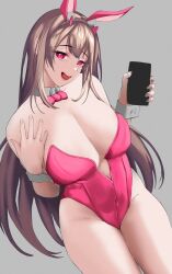 Rule 34 | 1girl, animal ears, artxeku, bare shoulders, bowtie, breasts, cleavage, covered navel, detached collar, fake animal ears, goddess of victory: nikke, highleg, highleg leotard, horns, large breasts, leotard, light brown hair, long hair, looking at viewer, nail polish, official alternate costume, open mouth, pantyhose, pink bow, pink bowtie, pink eyes, pink horns, pink leotard, playboy bunny, rabbit ears, solo, strapless, strapless leotard, thighs, viper (nikke), viper (toxic rabbit) (nikke), white pantyhose, wrist cuffs