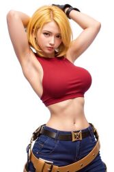Rule 34 | 1girl, armpits, arms behind head, blonde hair, blue mary, breasts, brown eyes, denim, fatal fury, garter belt, highres, jeans, large breasts, looking at viewer, midriff, navel, pants, pink lips, realistic, short hair, smile, snk, solo, the king of fighters