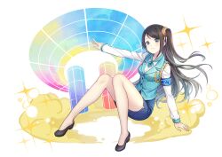 Rule 34 | 1girl, armband, black footwear, black hair, blue eyes, blue skirt, blue vest, blush, breasts, collared shirt, hair ornament, highres, krt girls, large breasts, long hair, long sleeves, non-web source, shirt, skirt, solo, vest, xiao qiong