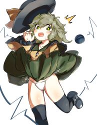 Rule 34 | 1girl, :o, ^^^, black footwear, black hat, black thighhighs, blouse, blush, breasts, bright pupils, cameltoe, commentary request, commission, eyeball, foot out of frame, frilled shirt collar, frills, green eyes, green hair, green skirt, hair between eyes, hat, hat ribbon, heartbeat, komeiji koishi, long sleeves, looking to the side, panties, ribbon, shirt, short hair, side-tie panties, simple background, skeb commission, skirt, small breasts, solo, standing, standing on one leg, sweat, thighhighs, third eye, touhou, uisu (noguchipint), underwear, wavy hair, white background, white panties, wide sleeves, wind, wind lift, yellow pupils, yellow ribbon, yellow shirt