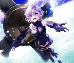 Rule 34 | 1girl, armor, bare shoulders, blush, breasts, commentary request, eyes visible through hair, fate/grand order, fate (series), gloves, hair over one eye, highres, large breasts, light purple hair, looking at viewer, mash kyrielight, open mouth, purple eyes, purple gloves, round teeth, shield, short hair, sleeveless, smile, solo, standing, teeth, wingtemple