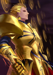 Rule 34 | 1boy, armor, bad id, bad pixiv id, blonde hair, blurry, depth of field, ea (fate/stay night), earrings, fate/stay night, fate/zero, fate (series), from side, full armor, gate of babylon (fate), gauntlets, gilgamesh (fate), gold, gold armor, hair slicked back, highres, holding, holding weapon, jewelry, looking at viewer, male focus, night, night sky, red9, red eyes, sky, solo, weapon