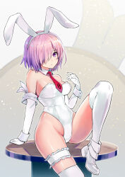 Rule 34 | 1girl, absurdres, alternate costume, animal ears, arm support, armpit crease, blush, breasts, collar, commentary request, commission, curvy, detached collar, elbow gloves, eyelashes, fake animal ears, fate/grand order, fate (series), foot out of frame, frilled straps, gloves, grey background, groin, hair over one eye, hand up, highleg, highleg leotard, highres, honshiro nikori, knee up, large breasts, leaning back, leotard, light purple hair, looking at viewer, mash kyrielight, medium hair, necktie, on table, one eye covered, parted lips, partial commentary, playboy bunny, purple eyes, rabbit ears, red necktie, shiny skin, simple background, sitting, skeb commission, solo, table, thigh strap, thighhighs, thighs, variant set, white collar, white gloves, white leotard, white thighhighs, white wrist cuffs, wrist cuffs
