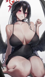 Rule 34 | 1girl, absurdres, bare legs, bare shoulders, barefoot, black choker, black dress, black hair, black wings, blue archive, breasts, choker, cleavage, commentary request, dress, hand up, hasumi (blue archive), head tilt, highres, large breasts, long hair, looking at viewer, monegi, parted lips, red eyes, seiza, sitting, sleeveless, sleeveless dress, solo, spaghetti strap, thighs, wings