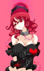 Rule 34 | 1girl, bare shoulders, breasts, chain, choker, cleavage, clothes writing, collarbone, ear piercing, hat, heart, hecatia lapislazuli, highres, large breasts, looking at viewer, midriff, navel, off-shoulder shirt, piercing, pointy ears, raptor7, red eyes, red hair, shirt, short hair, smile, solo, orb, touhou