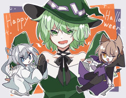 Rule 34 | 3girls, :d, ;d, adapted costume, alternate headwear, bare shoulders, cape, collarbone, dagasitotaiyou, dress, eyes visible through hair, fang, ghost costume, green dress, halloween, halloween costume, hat, looking at viewer, mononobe no futo, multiple girls, ofuda, one eye closed, open mouth, simple background, smile, soga no tojiko, teeth, touhou, toyosatomimi no miko, triangular headpiece, witch hat, yellow eyes